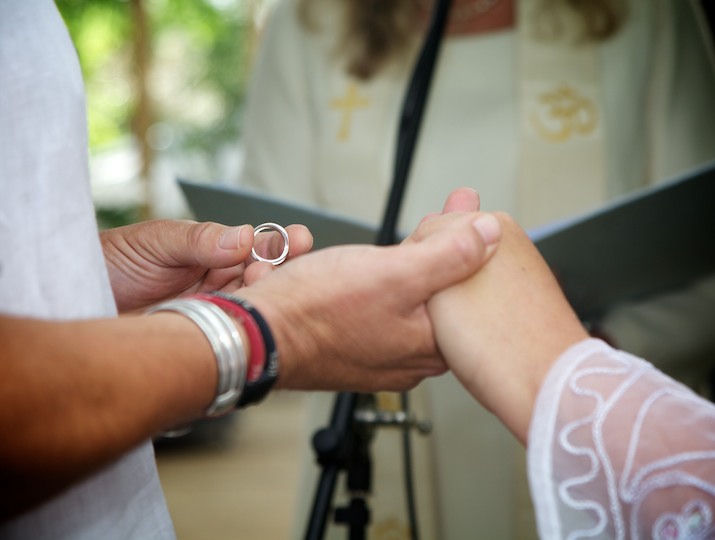 couple exchanging rings during wedding